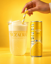YUZAURA can beside a foamy yuzu drink